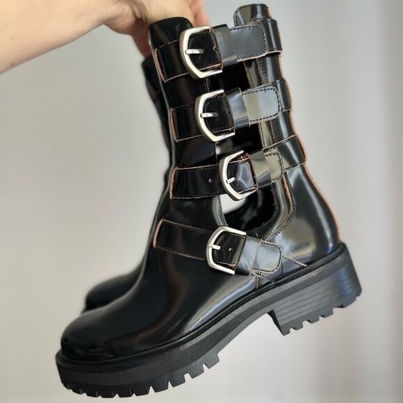 ZARA BUCKLED OPEN DETAIL LEATHER ANKLE BOOTS - Picture 3 of 6